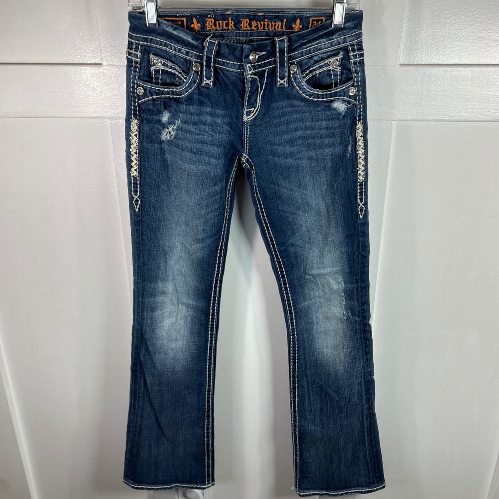 Rock Revival Irene Easy Boot Jeans Blue Distressed Rhinestone Size 24 E8393EB R